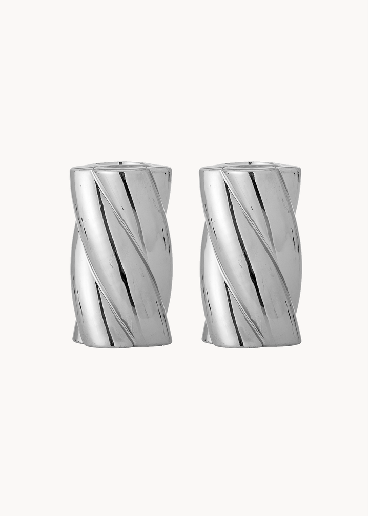 Kerzenhalter aus Steingut in silberner Chromoptik, 2er Set