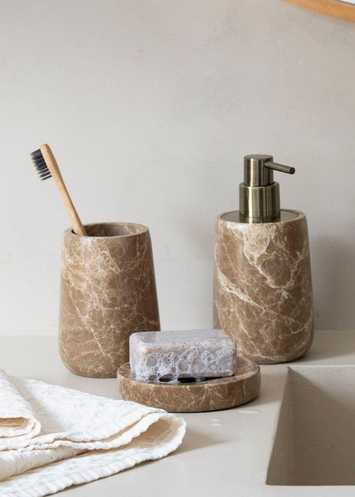 Seifenspender aus Marmor, braun-weiss marmoriert